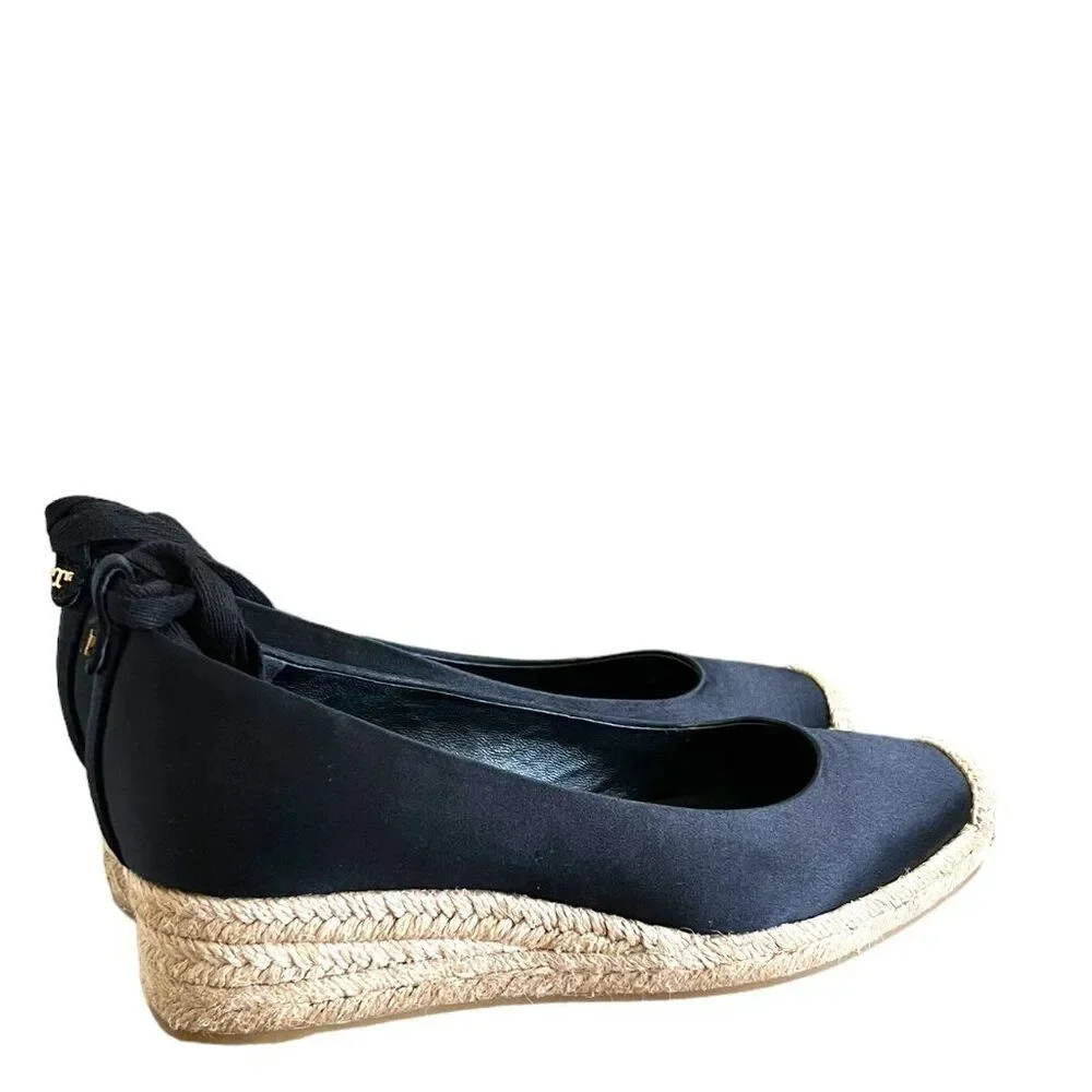 Tory Burch Heather Satin Wedge Espadrille In Black Size 6.5